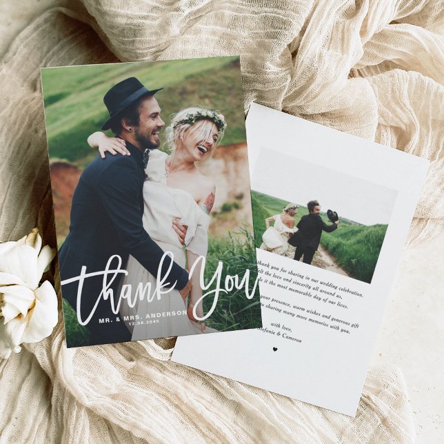 Carte De Remerciements Mariage photo à lettres main blanche (Rustic Hand Lettering Photo Wedding Thank You)