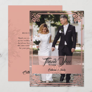 Carte De Remerciements Mariage photo Art déco moderne Peacock rose pâle