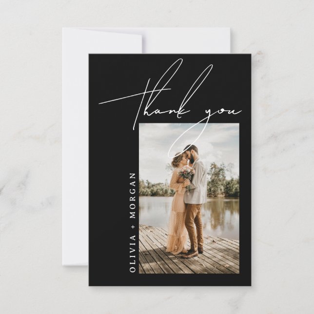 Carte De Remerciements Mariage photo Black Elegant Script Typographie (Devant)