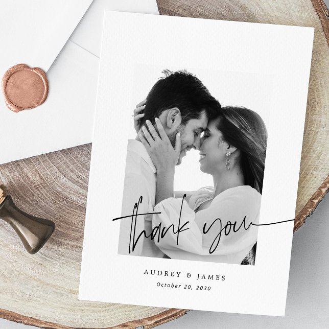 Carte De Remerciements Mariage photo blanc moderne et chic (Chic Hand Lettering_ Modern White Photo Wedding Thank You Card)