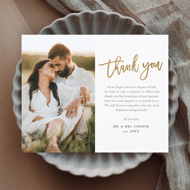 Carte de remerciements Mariage photo Budget Gold S (Modern gold script wedding photo budget thank you card.)