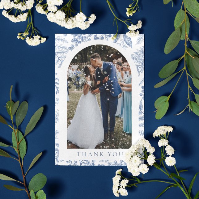 Carte De Remerciements Mariage photo de fleurs de saule bleu blanc (Blue White Willow Floral Photo Wedding Thank You Card)