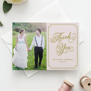 Carte De Remerciements Mariage photo de script blanc et blanc or