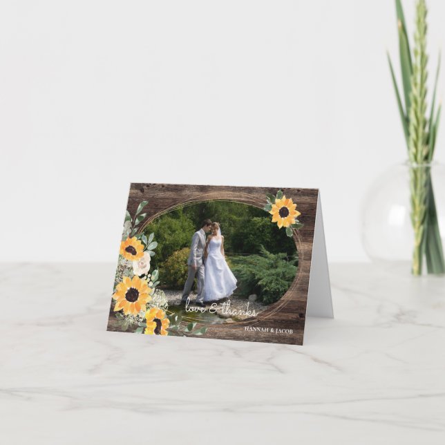 Carte De Remerciements Mariage photo de tournesol rustique (Devant)