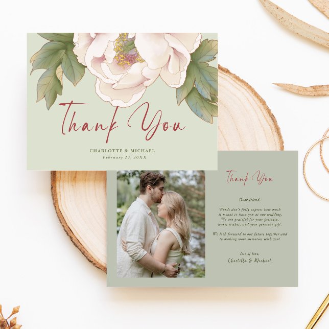 Carte De Remerciements Mariage photo Elegant Sage et Blush Peony (Créateur téléchargé)