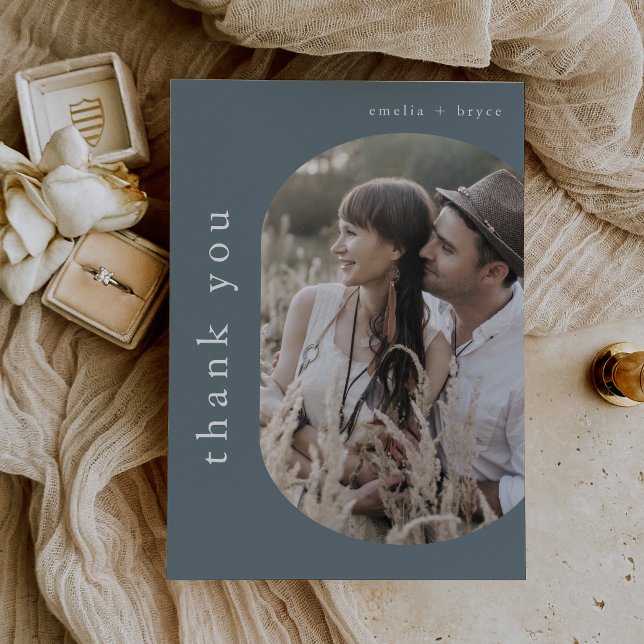 Carte De Remerciements MARIAGE photo EMELIA Flat Rustic Minimal Blue Navy (EMELIA Flat Rustic Minimal Blue Navy Photo Wedding Thank You Card)