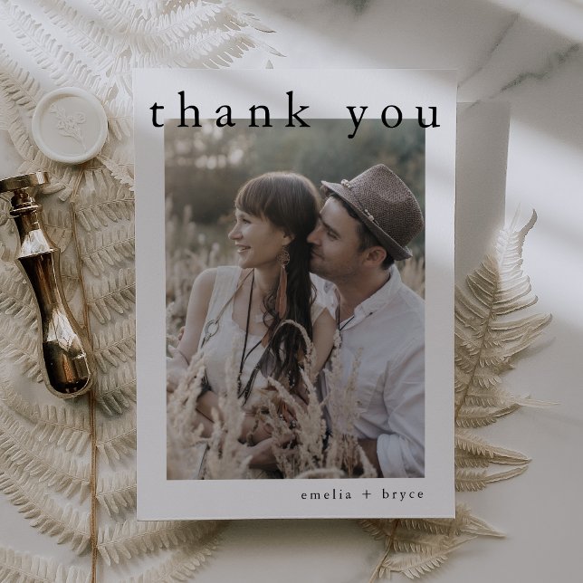 Carte De Remerciements MARIAGE photo EMELIA Flat White Black Modern Boho (EMELIA Flat White Black Modern Boho Photo Wedding Thank You Card)
