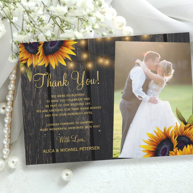 Carte De Remerciements Mariage photo en bois de grange tournesol rustique (Créateur téléchargé)