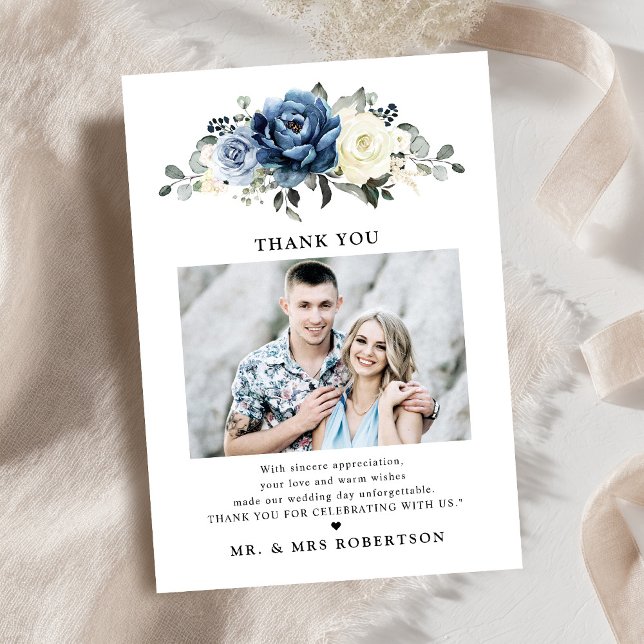Carte De Remerciements Mariage photo en ivoire de champagne de la marine  (Dusty Blue Navy Champagne Ivory Photo wedding Thank You Card)