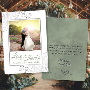 Carte De Remerciements Mariage photo et note blanc Silver & Sage Green