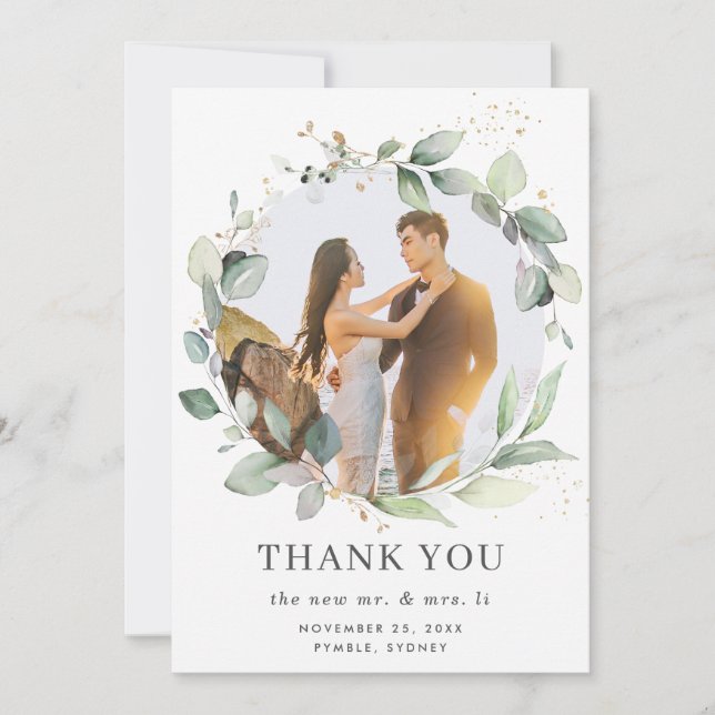 Carte De Remerciements Mariage photo feuilleté rustique chic (Devant)
