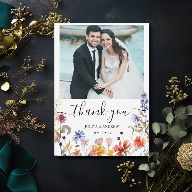 Carte De Remerciements Mariage photo fleur sauvage élégant (Créateur téléchargé)
