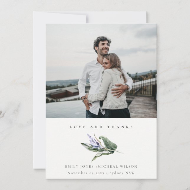 Carte De Remerciements Mariage photo floral bleu tropical minimal (Devant)