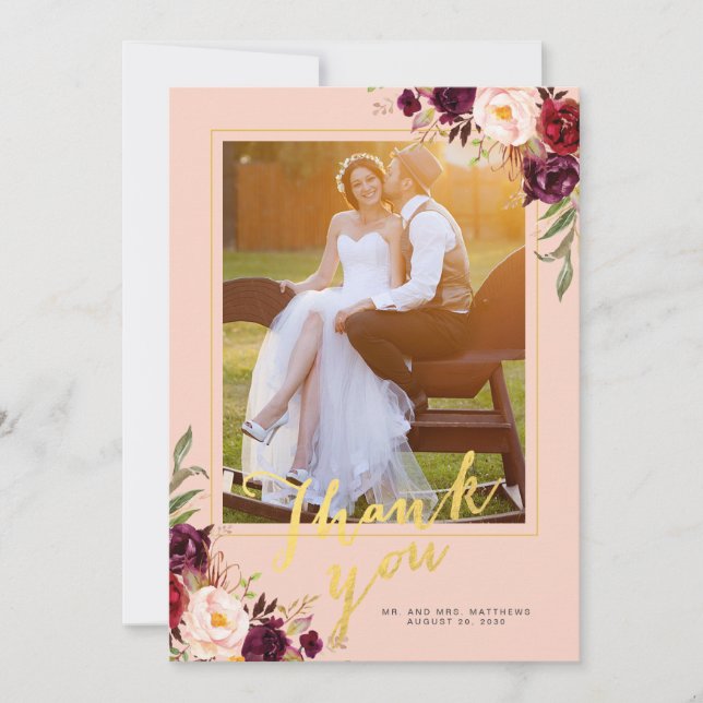Carte De Remerciements Mariage photo Floral Burgundy Pink Gold (Devant)