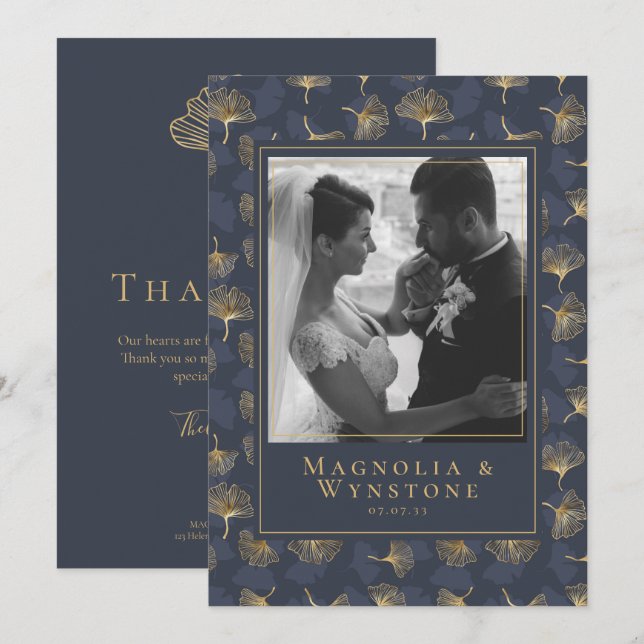 Carte De Remerciements Mariage photo floral élégant Blue Gold Foil (Devant / Derrière)