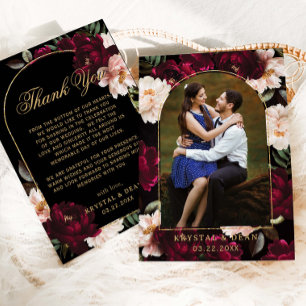 Carte De Remerciements Mariage Photo Floral Noir Rosé Bourgogne Maussade