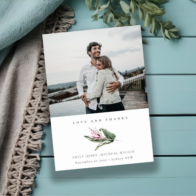 Carte De Remerciements Mariage photo floral rose feuillu tropical minimal (Créateur téléchargé)
