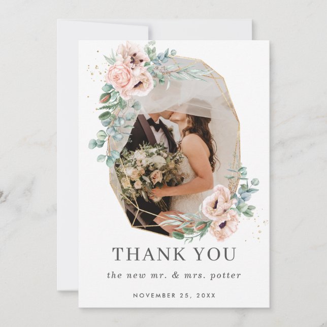 Carte De Remerciements Mariage photo géométrique Blush Floral Greenery Go (Devant)
