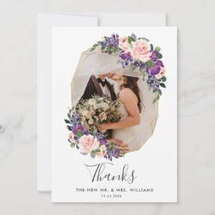 Carte De Remerciements Mariage photo géométrique Blush Purple Floral Gold