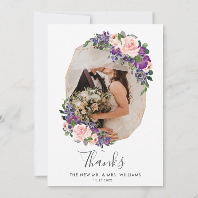 Carte De Remerciements Mariage photo géométrique Blush Purple Floral Gold (Devant)