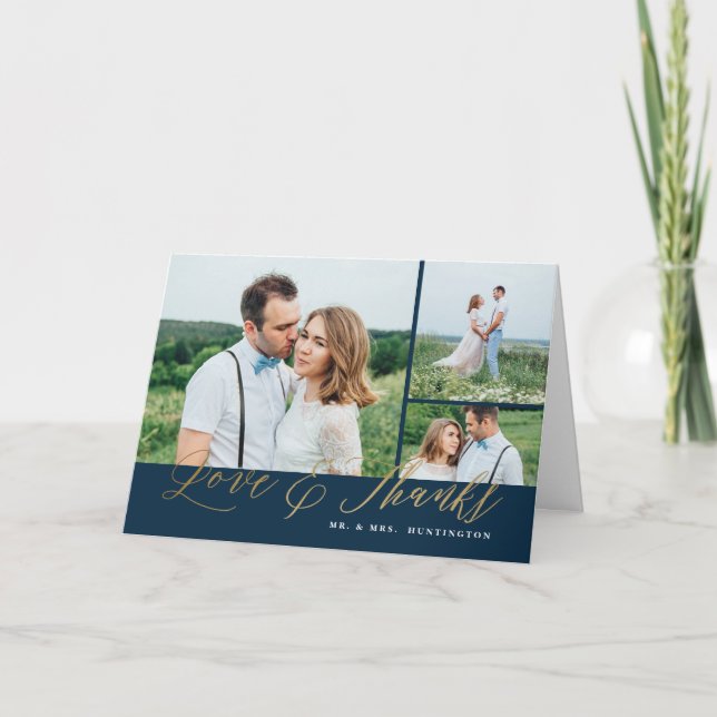 Carte De Remerciements Mariage photo Gold Script Love and Thanks (Devant)