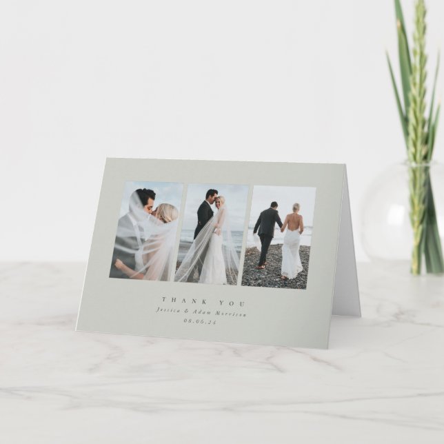 Carte De Remerciements Mariage photo gris-vert élégant minimal triple (Devant)