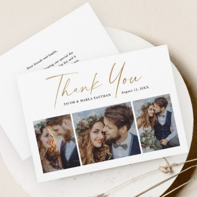 Carte De Remerciements Mariage photo Modern Gold Script 3 (Modern gold script 3 photo collage wedding thank you cards.)