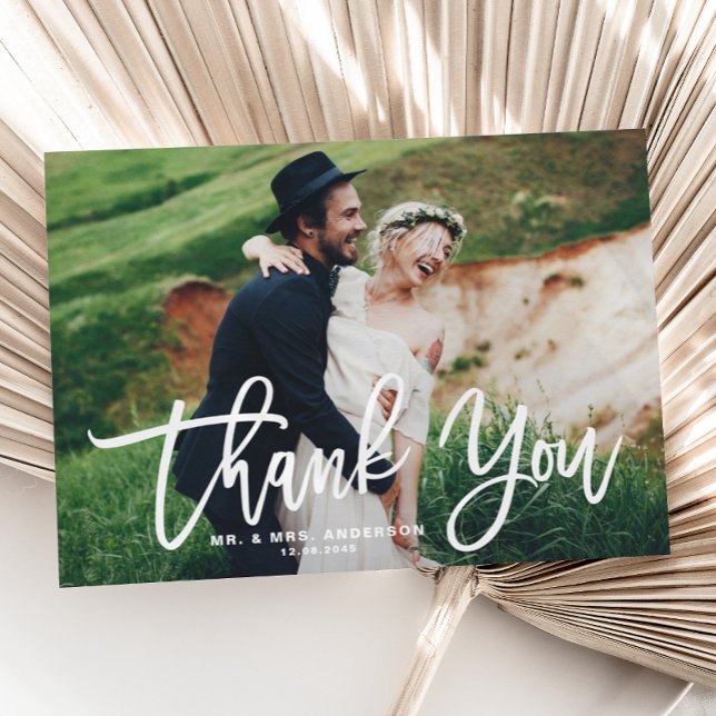 Carte De Remerciements Mariage photo moderne à lettres main blanche (Créateur téléchargé)