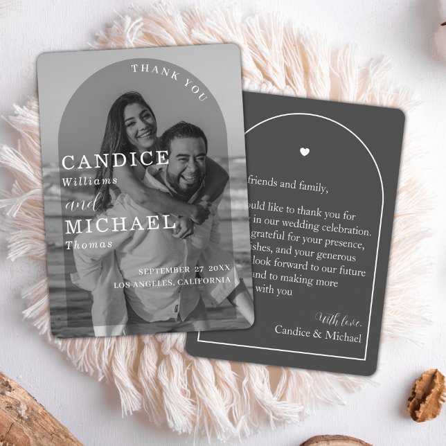 Carte De Remerciements Mariage photo moderne élégant noir et blanc Arc (Créateur téléchargé)