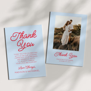 Carte De Remerciements Mariage Photo Moderne Minimaliste Bleu et Rouge