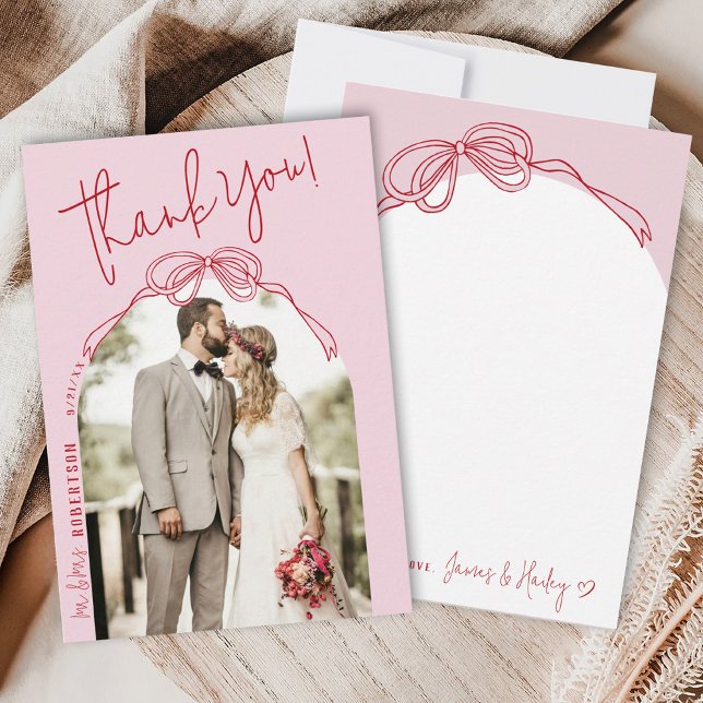 Carte De Remerciements Mariage photo moderne Quirky Hand Draw Bow PINK (Pink and Red quirky whimsical modern coquette bow arch frame wedding photo Mr & Mrs thank you card)