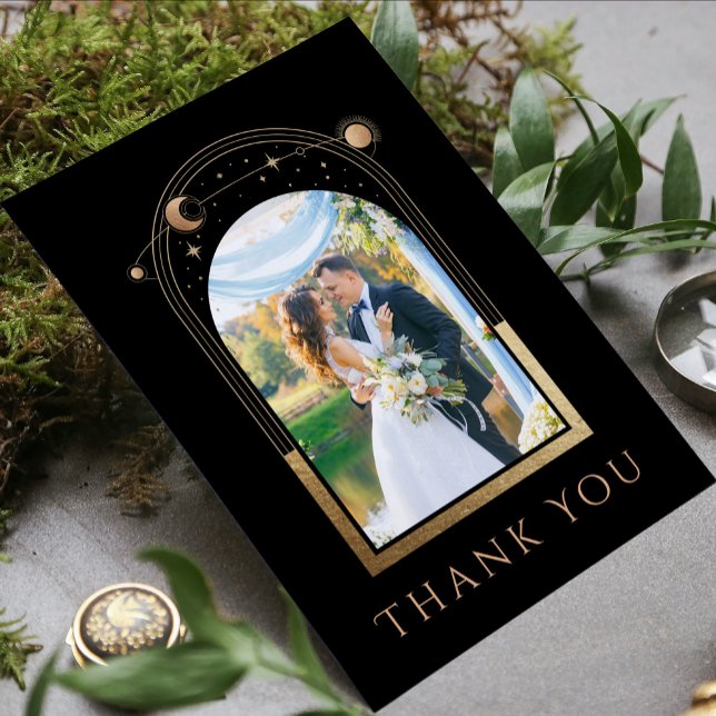 Carte De Remerciements Mariage photo Mystical Chic Black Gold Star Moon (Créateur téléchargé)