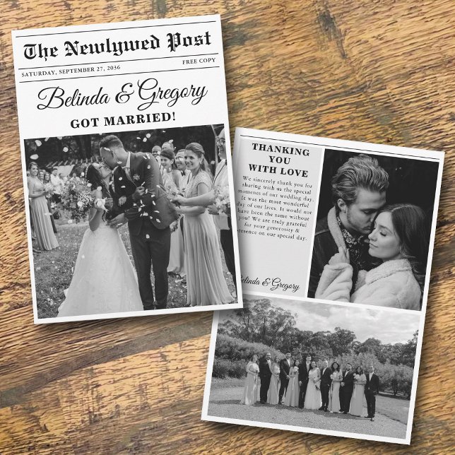 Carte De Remerciements Mariage photo noir et blanc du journal mariage (Wedding Newspaper Fun Black & White Photo Wedding Thank You Card)