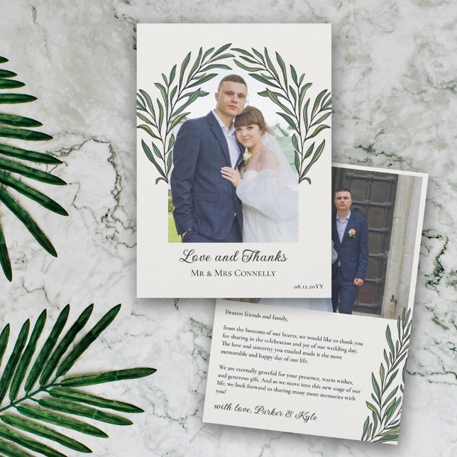 Carte De Remerciements Mariage photo Off White Green Arch (Créateur téléchargé)