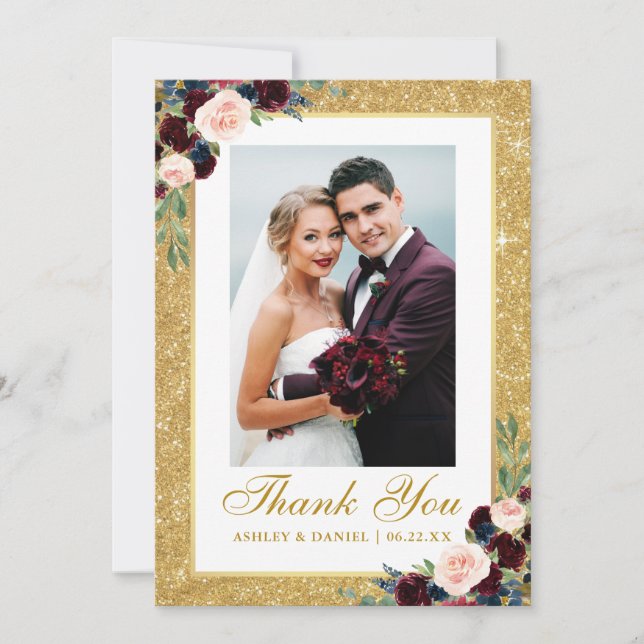 Carte De Remerciements Mariage Photo Parties scintillant or Burgundy Blue (Devant)