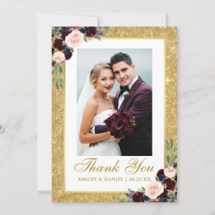 Carte De Remerciements Mariage Photo Parties scintillant or Burgundy Blue