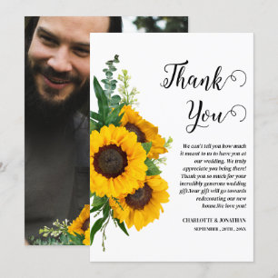 Carte De Remerciements Mariage photo personnalisé de tournesol rustique
