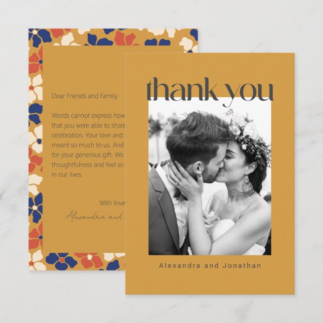 Carte De Remerciements Mariage photo Retro Jaune Floral (Devant / Derrière)