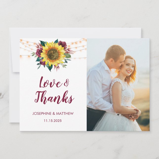 Carte De Remerciements Mariage photo Rustic Sunflowers (Devant)