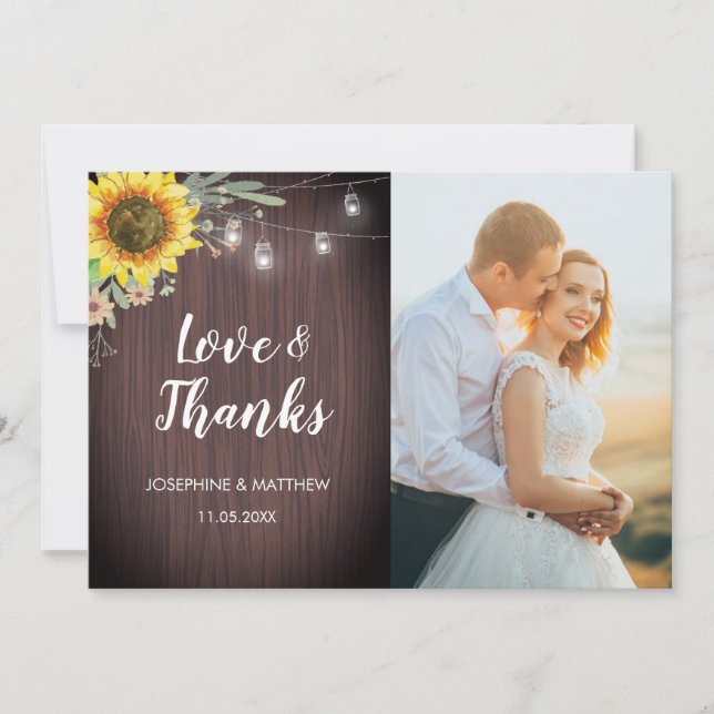 Carte De Remerciements Mariage photo Rustique Sunflower Wood Lumières (Devant)