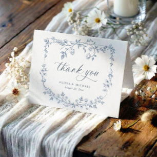 Carte De Remerciements Mariage Photo Toile de Jouy Bleu Poussiéreux de St