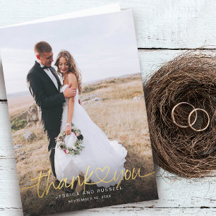 Carte De Remerciements Mariage Photos Coeur Script Or Lettre Manuscrite