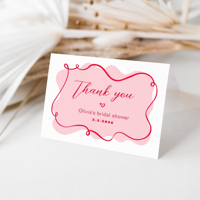 Carte De Remerciements Mariage rétro rose et rouge avec cadre ondulé (Créateur téléchargé)