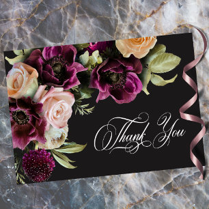 Carte De Remerciements Mariage romantique floral sombre burgundy noir