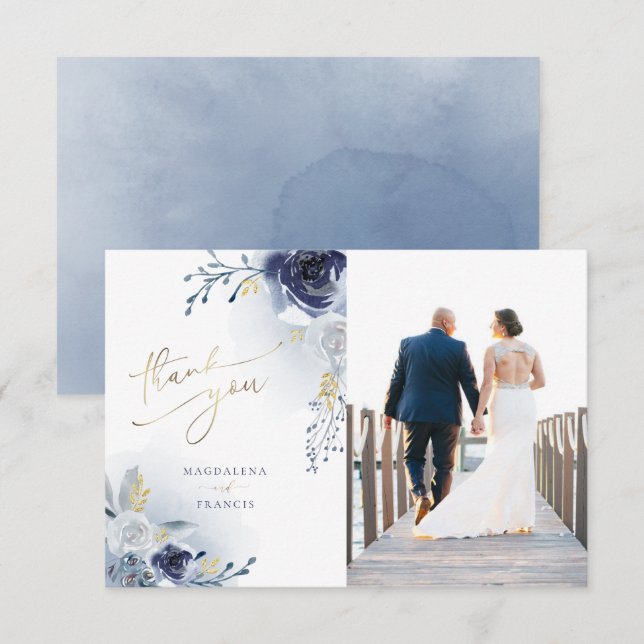 carte de remerciements mariage rose bleu (Devant / Derrière)