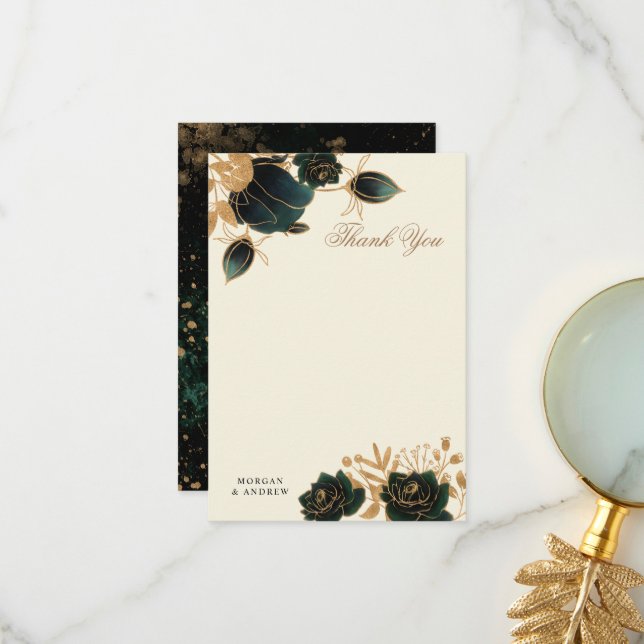 Carte De Remerciements Mariage Rose d'aquarelle or (Devant/Arrière en situation)