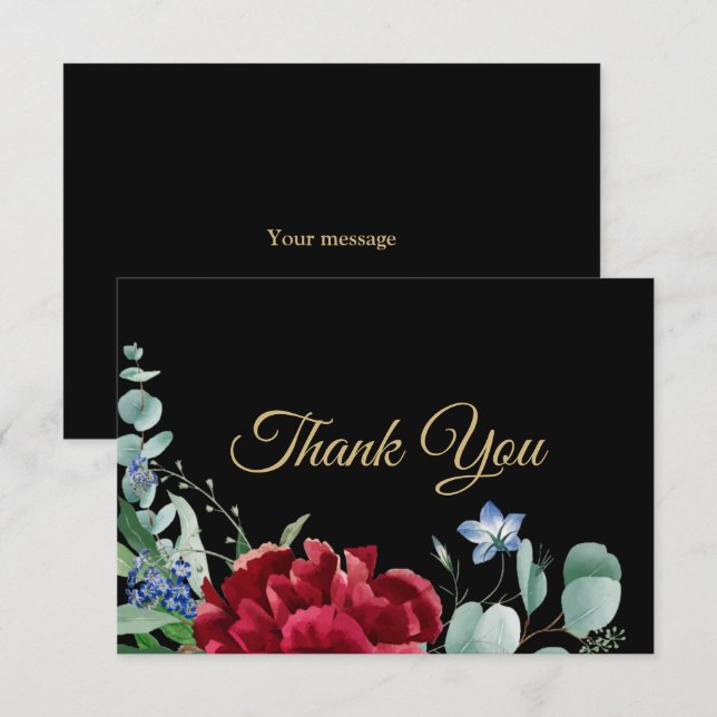 Carte De Remerciements Mariage Rouge Fleur Vert Feuilles Golden Frame Noi (Devant / Derrière)