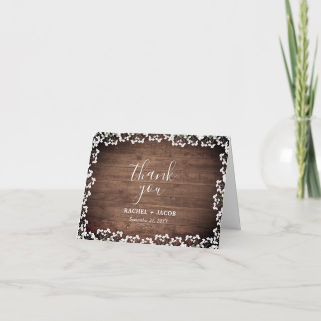 Carte De Remerciements Mariage Rustic Baby's Breath on Dark Wood (Devant)