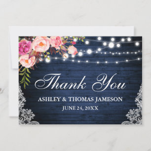 Carte De Remerciements Mariage Rustique Bleu Bois Rose Lumières Florales 