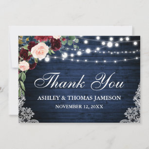 Carte De Remerciements Mariage rustique Bleu Burgundy Floral